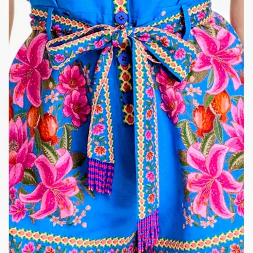 FARM RIO Blue Summer Fruit Scarf Romper
 FloraL Square Neck Wide Straps Beading - Picture 10 of 16